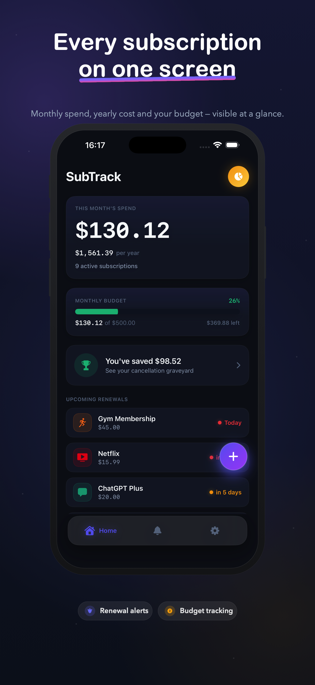 SubTrack home screen